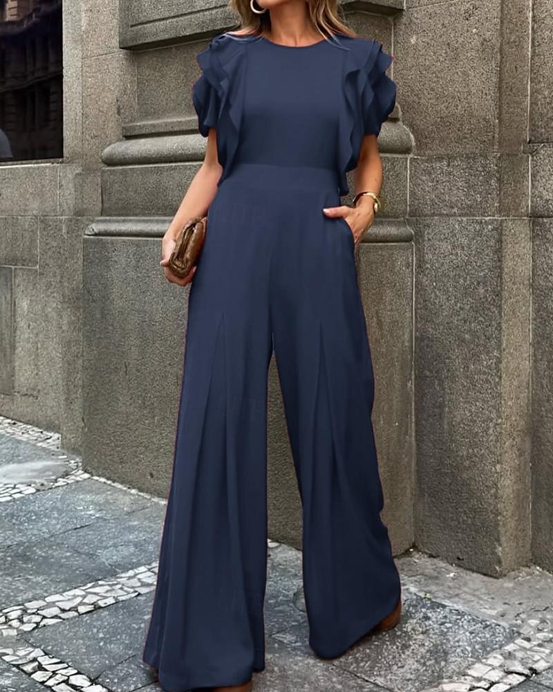 Macacões Vestido de Festa Vintage Semi Formal Convidada de Casamento Comprimento do Chão Sem Mangas Decote Redondo Crepe Esticável com Volantes de 2025 por $154.99 –P6