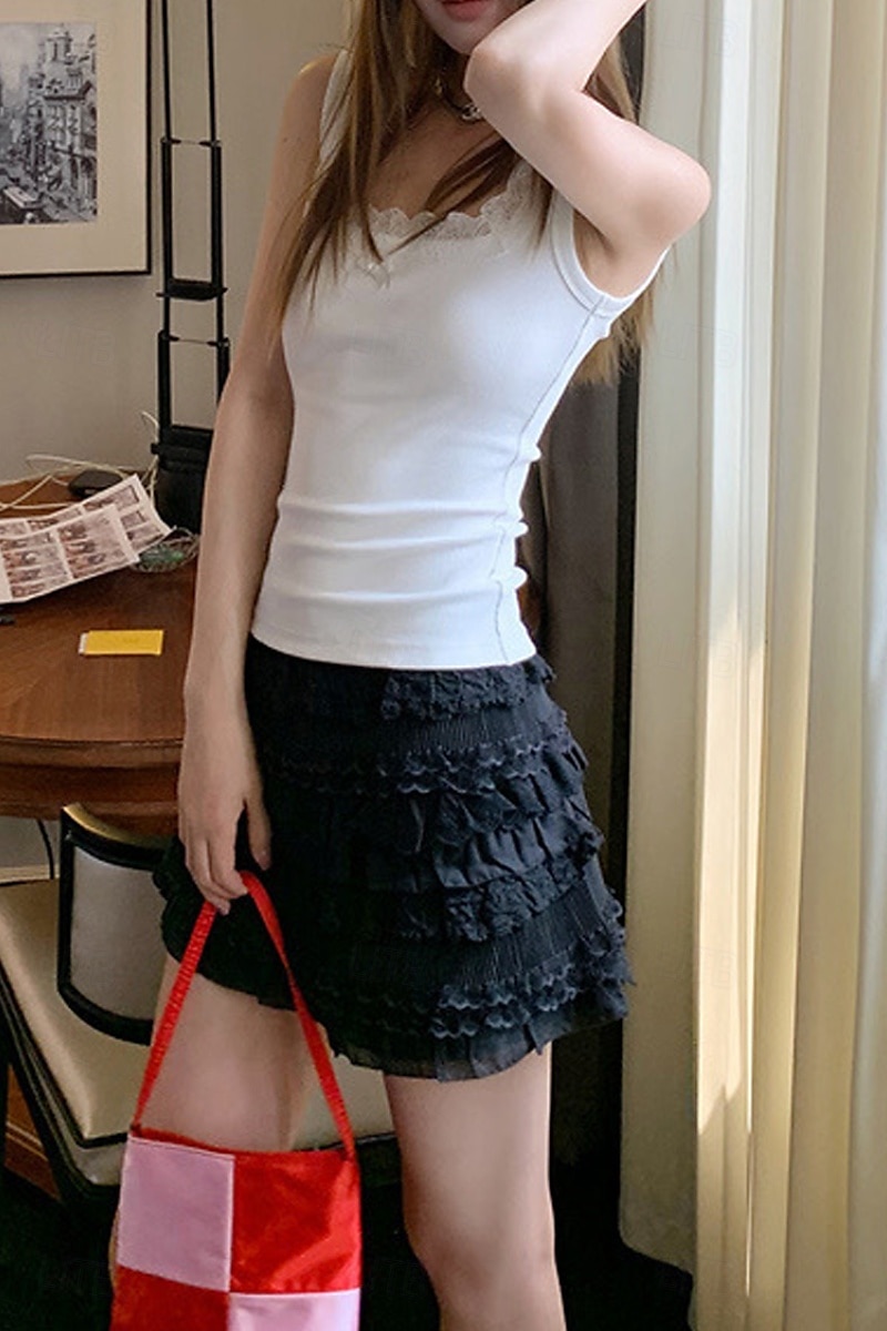Women's Blouse Lace Tops Plain Modern Sleeveless Square Neck Regular Tops Holiday Going out Lace Black White Summer 2025 - $21.99 –P4