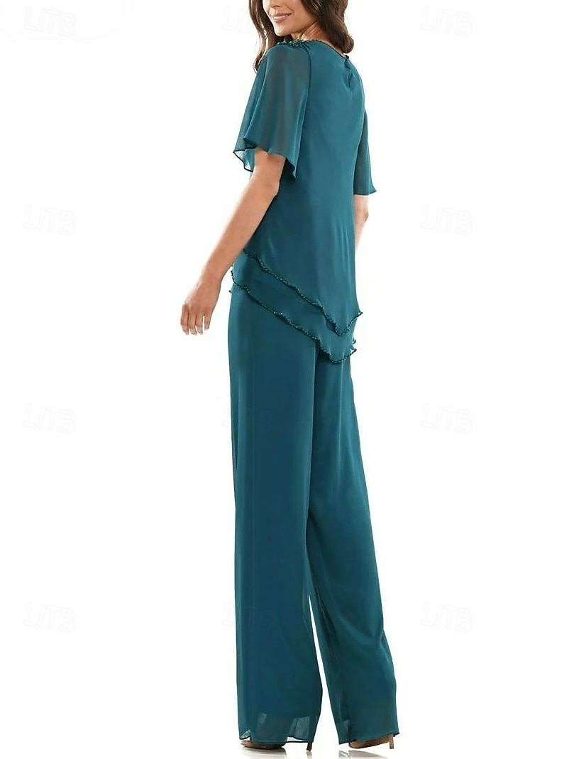 Combinaison deux pièces  Robe de mère de la mariée élégante à encolure ras du cou en chiffon à manches courtes avec broderie en dentelle et volants en cascade de 2025 ? $148.99 –P4