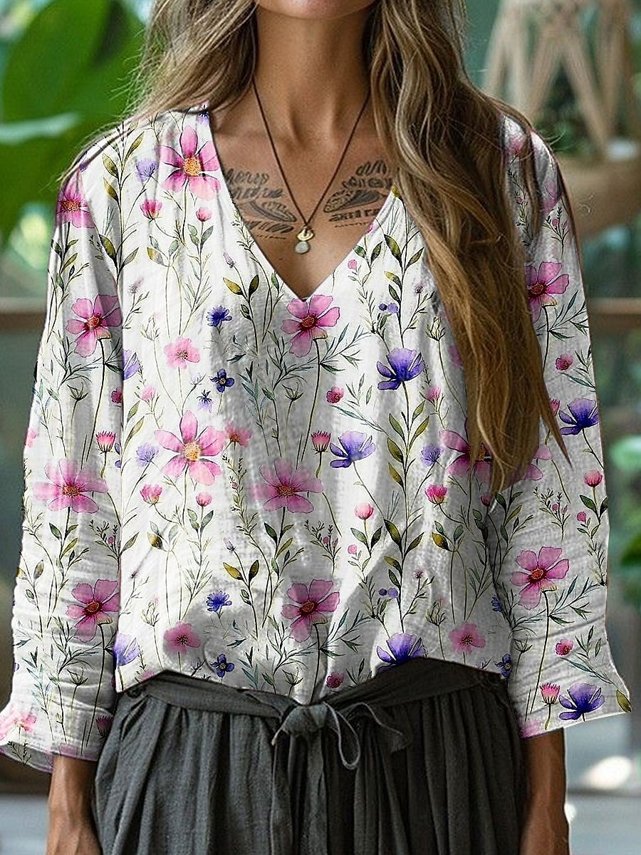 Dame Bluse Blomstret Grafisk Stilfull Fritid 3/4 ermer V-hals Vanlige topper Daglig Rosa Blå Grønn Sommer Vår 2025 - $24.99 –P1