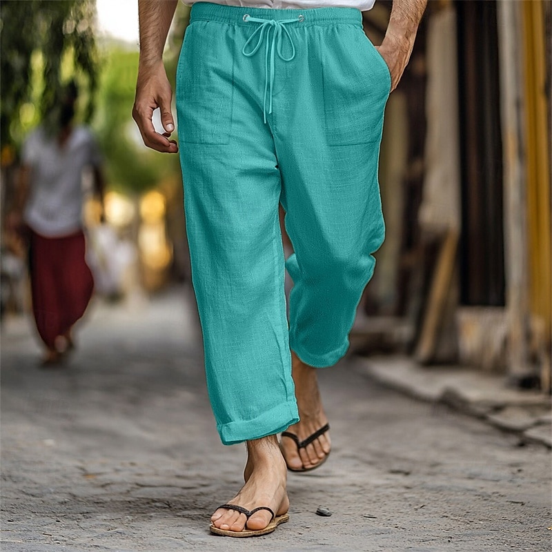Men's Linen Pants Trousers Summer Pants Beach Pants Pocket Drawstring Elastic Waist Plain Comfort Breathable Vacation Daily Holiday Hawaiian Boho Dark Brown Lake blue 2025 - $18.99 –P14