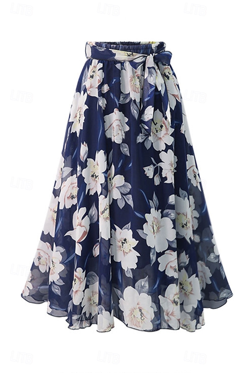 Dame الالتفاف Huske Fritid Maksi Mellomhøyt liv Skjørt Blomstret Trykt mønster Mikroelastisk Feriereise Ut på byen Svart Hvit Rosa Blå Sommer Polyester 2025 - $20.99 –P2