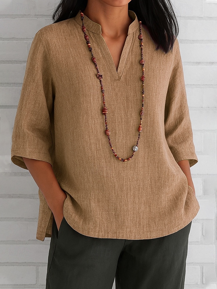 camicetta da donna in cotone e lino, tinta unita, elegante, vintage, alla moda, manica a 3/4, scollo a V, top normali, per tutti i giorni, per le vacanze, rosso, blu, verde, kaki, estate, primavera del 2025 a $22.99 –P3