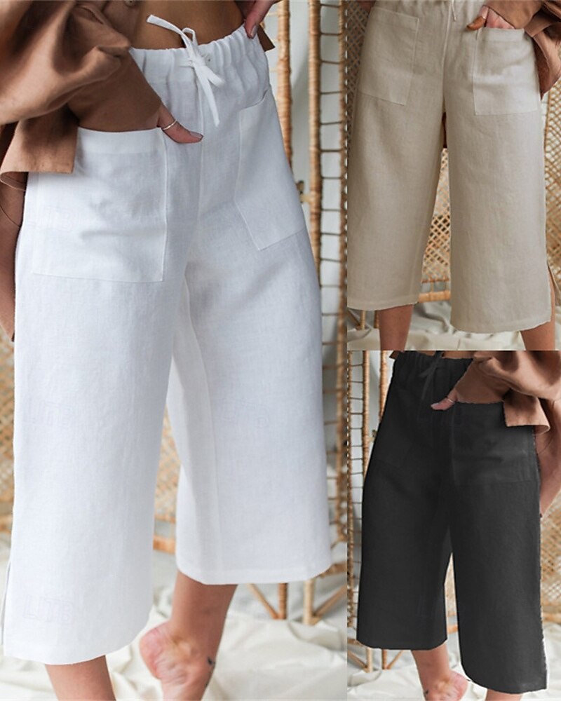 Per donna Pantaloni in cotone e lino Pantaloni Palazzo Moda Streetwear Comfort Lunghezza al polpaccio Misura del girovita medio Semplice Elastico in vita Comodo All'aperto Confortevole Streetwear del 2025 a $26.99 –P1