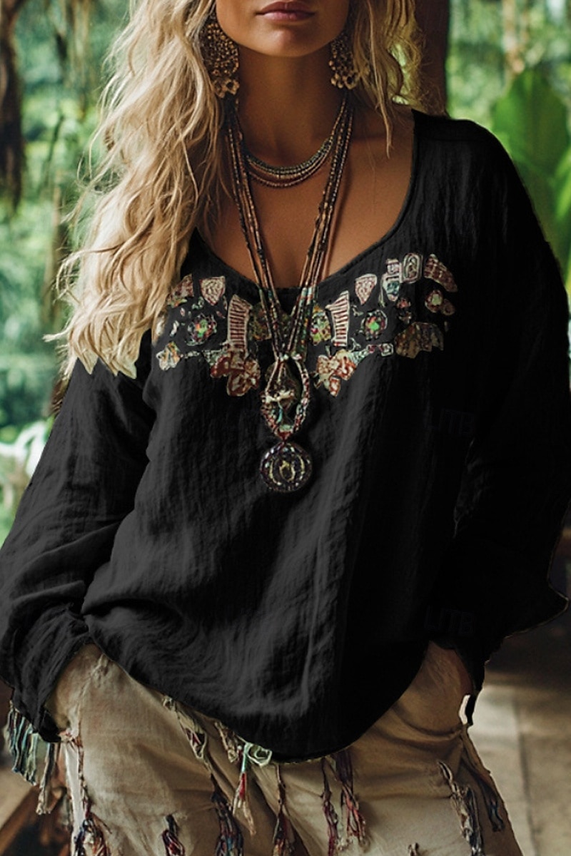 Femmes Chemisier occidental Chemise Bohème Chemisier Fleur Moderne Occasionnel Boho manche longue Col en V Hauts Réguliers Fête Sortir Imprimé Noir Vin Bleu Abricot Été de 2025 ? $21.99 –P1
