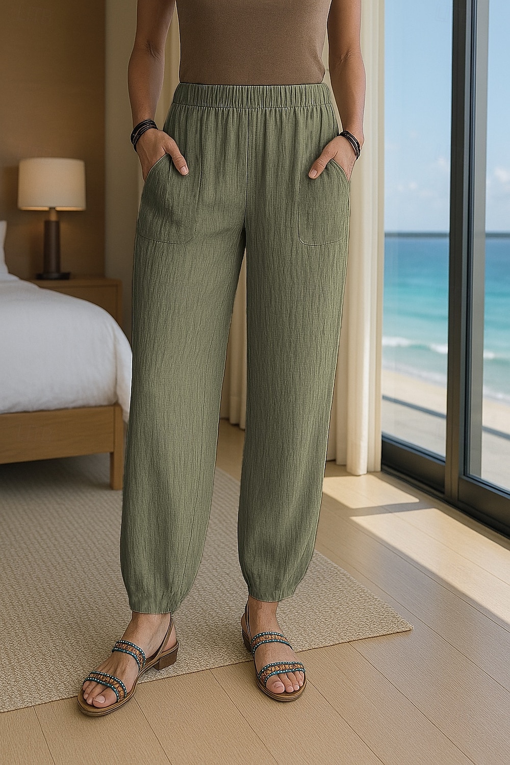 Mulheres Calças de linho de algodão Conforto Comprimento total Cintura Alta Tecido Bolsos Cintura elástica Confortável Exterior Rua Roupa Diária Para Noite Preto Branco Azul Marinha Azul Céu Verão de 2025 por $23.99 –P2