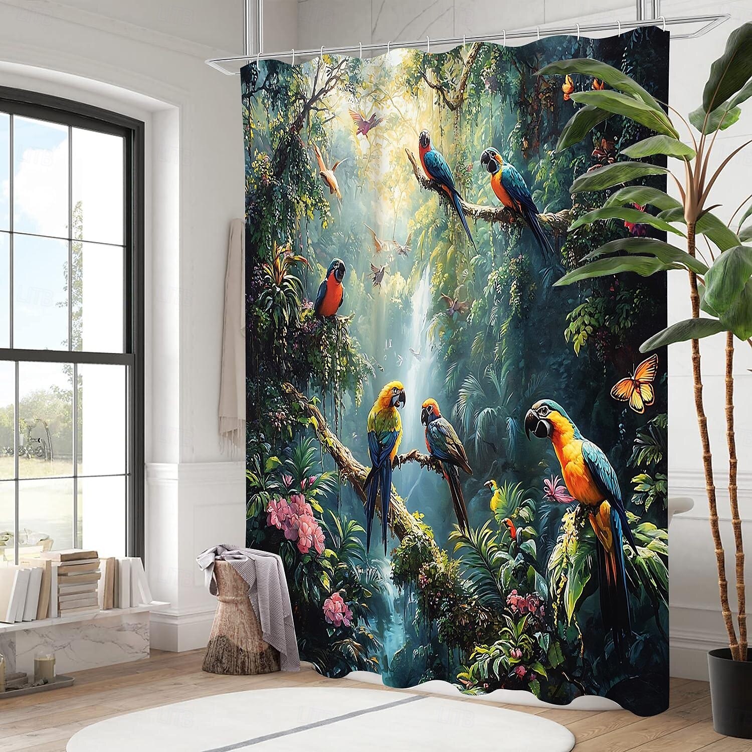 Κουρτίνα Ντους με 12 Γάντζους 180cm*180cm(70"*70") Πλυμένος Πολυεστέρας Μηχανικής Πλύσης Αδιάβροχος Τροπικό Φύλλο Ζώου Σχέδιο Φύλλου 2025 - $18.49 –P4
