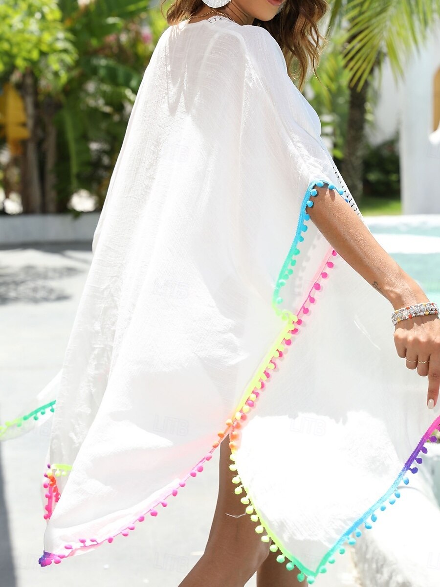Women's Swimsuits Cover Up Swim Dress Swimsuit Fringe Hem Vacation Beach Wear Solid Color V Neck Short Sleeves Bathing Suits 2025 - $23.99 –P9