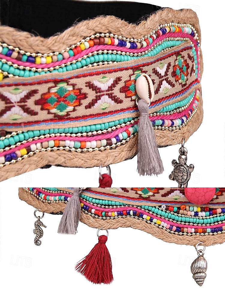 Damengürtel im Bohemian-Stil, handgefertigt, mit Perlen besetzt, elastisches Band mit Quasten und Anhängern – farbenfrohes Stickdesign für Damen, perfekt für Strandbekleidung, Festivals und Sommeranlässe 2025 - $24.99 –P7