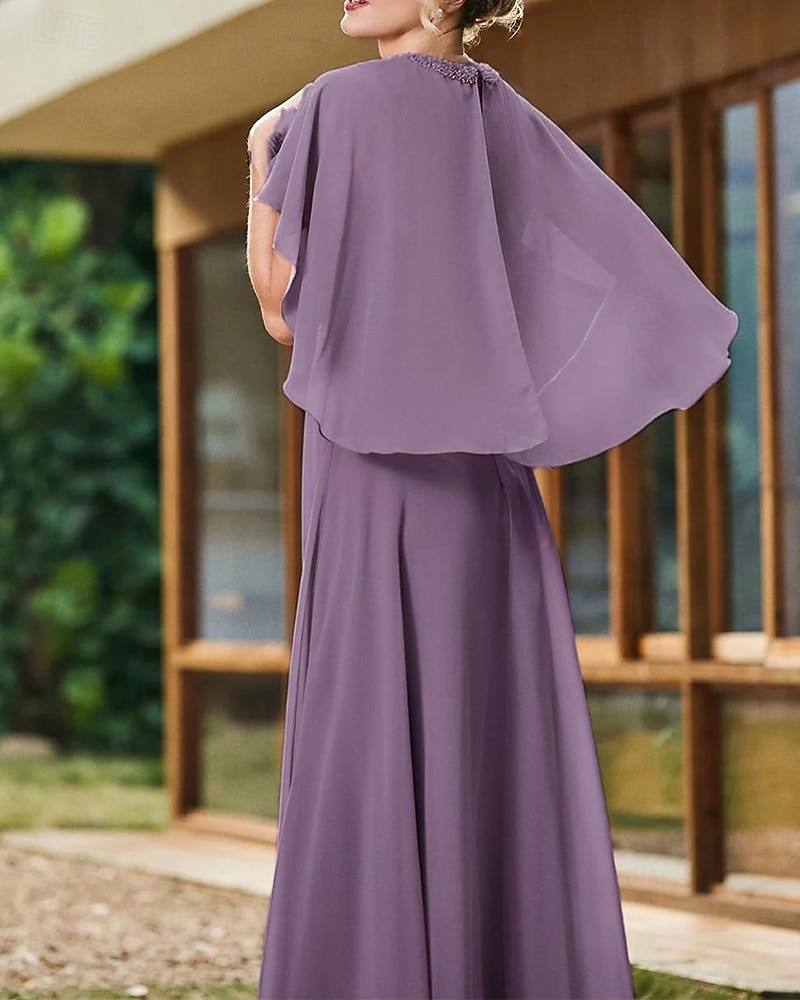 Cape Dress A-Line Mother of the Bride Dress Elegant Simple Wedding Guest Dress Minimalist Crew Neck Floor Length Chiffon Beaded Lace Short Sleeve with Lace Beading 2025 - $148.99 –P3