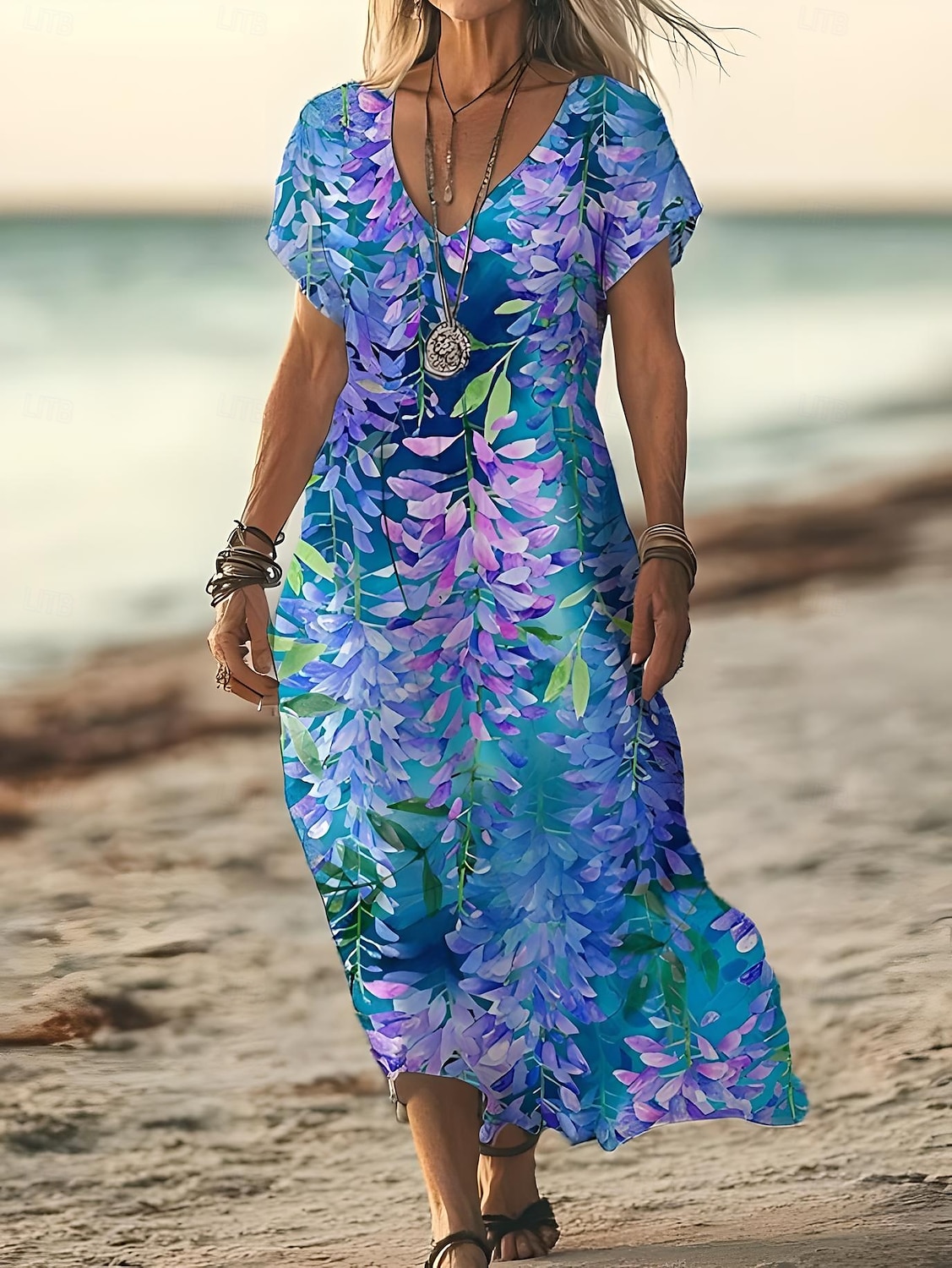 Per donna Abito Midi Vestito Estivo Abito a trapezio Vacanza Casual Spiaggia Uscire Spiaggia Vestibilità comoda Floreale Grafico Astratto Manica Corta Scollo a V Blu chiaro Bianco Blu Estate Primavera del 2025 a $28.99 –P3