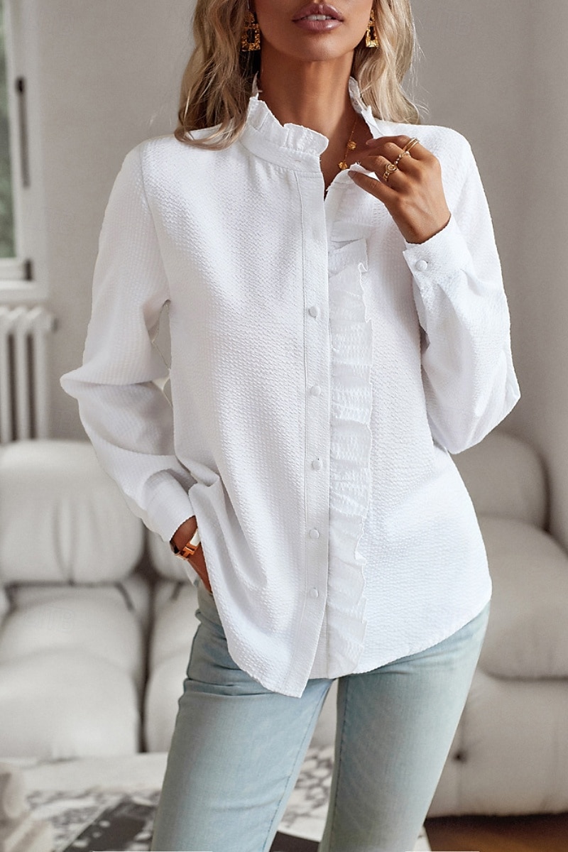 Per donna Camicia Camicia in cotone e lino Blusa Semplice Moderno Casual Manica Lunga Collo Alto Top Regolari Quotidiano Uscire Bottoni Nero Bianco Rosa Blu Estate del 2025 a $23.99 –P1