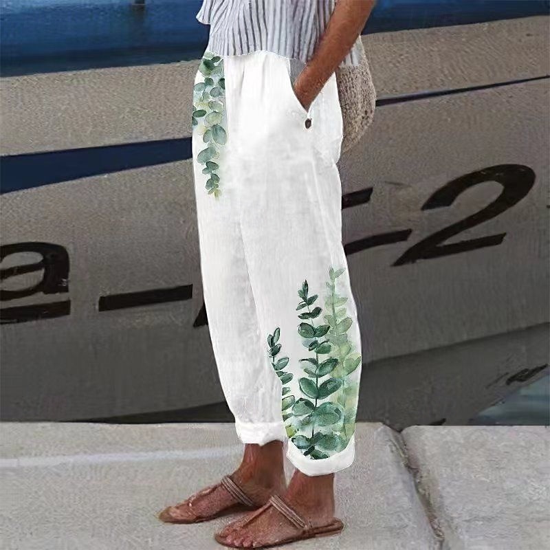Women's Cotton Linen Pants Palazzo Pants Fashion Streetwear Comfort Ankle-Length Mid Waist Flower / Floral Pocket Elastic Waist Comfy Outdoor Comfortable Street Daily Wear Going out Cold White White 2025 - $27.99 –P8