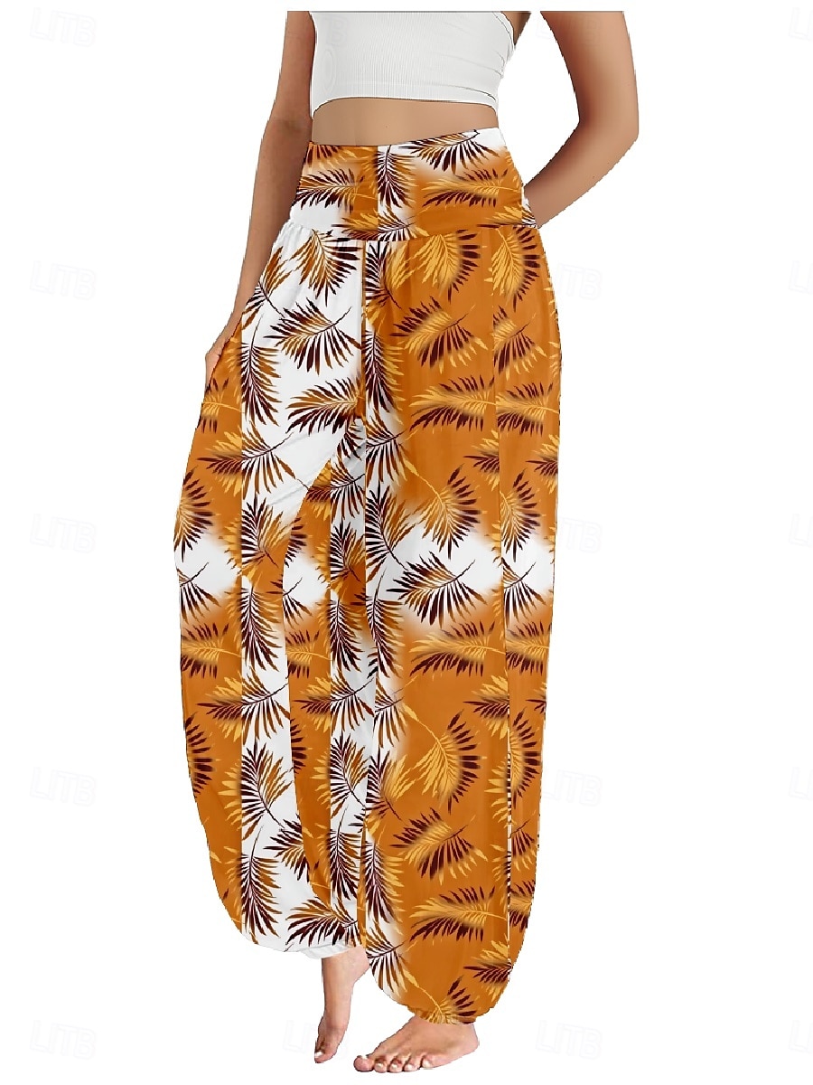 Women's Linen-Inspired Pants Wide Leg Pants Trousers Ethnic Style Casual Boho Full Length High Waist Floral Graphic Pocket Elastic Waist Printing Breathability Soft Micro-elastic Outdoor Yoga Blue 2025 - $21.99 –P10