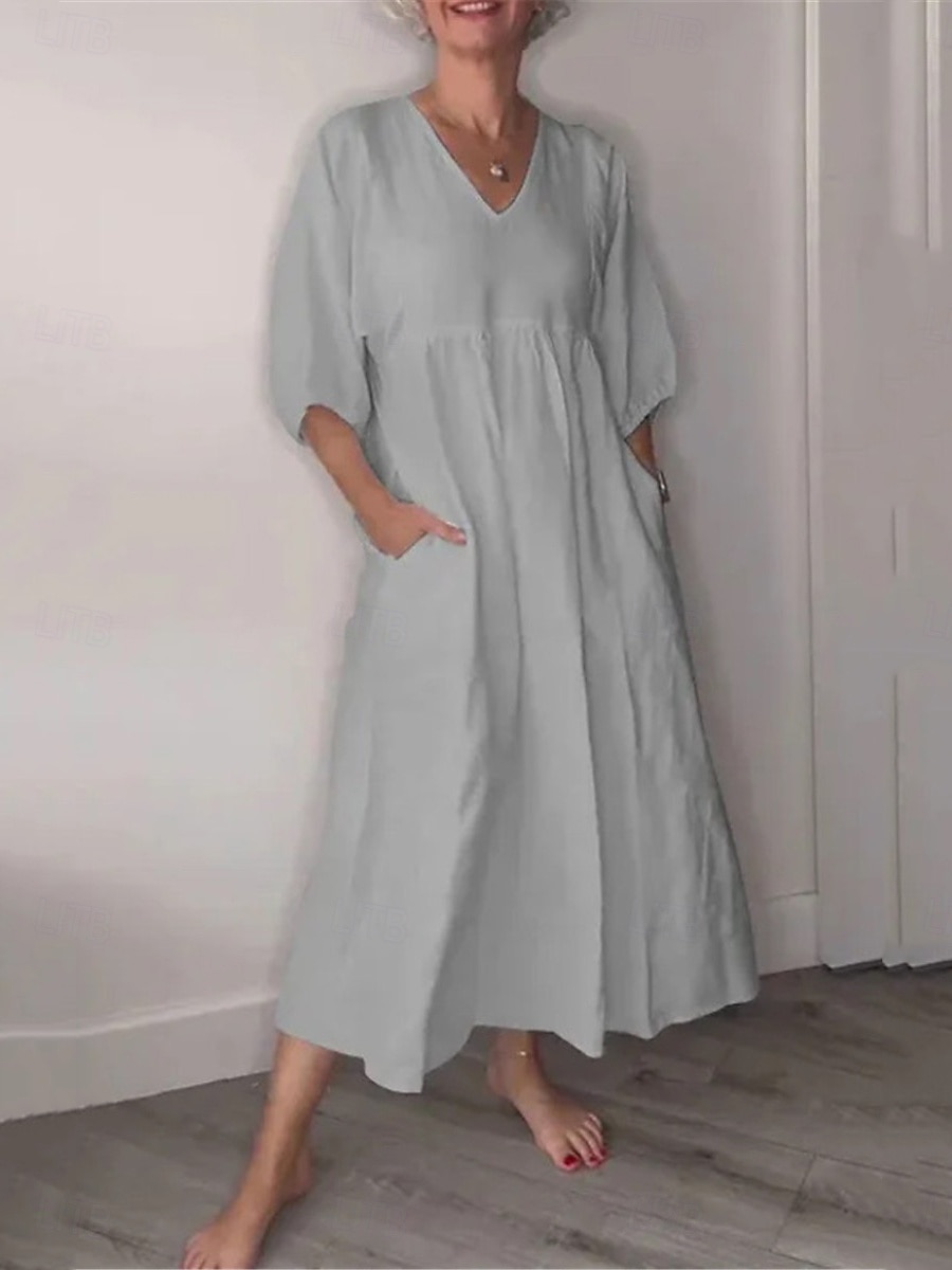 Women's Maxi Dress A Line Dress Linen Summer Dress Casual Daily Regular Fit Graphic 3/4 Length Sleeve V Neck Black White Blue Gray Summer 2025 - $36.99 –P6