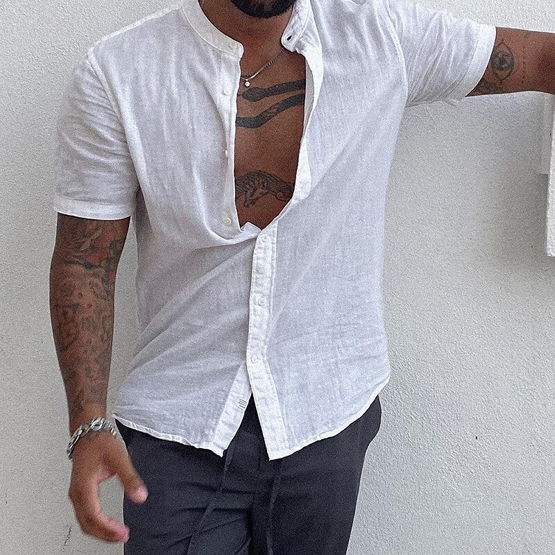 Per uomo Camicia Camicia Estiva Camicia casual Camicia da Spiaggia Camicia con Bottoni Bianco Manica Corta Semplice Colletto alla coreana Colletto Mao Vacanza Camicia hawaiana Abbigliamento Moda del 2025 a $21.99 –P1