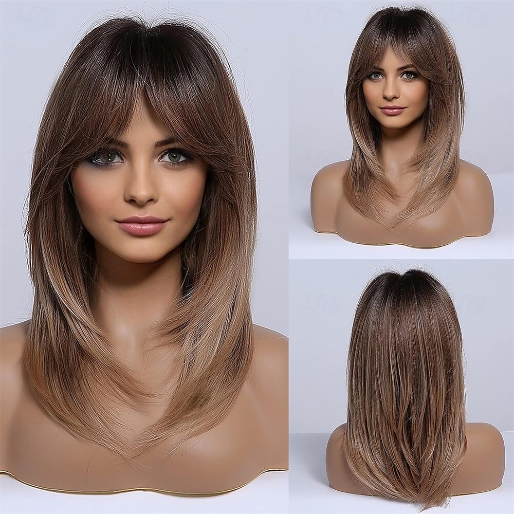 blonde pruiken voor vrouwen schouderlang gelaagd haar met donkere wortels synthetische korte pruik met pony voor dagelijks gebruik of cosplay 2025 - $25.99 –P9