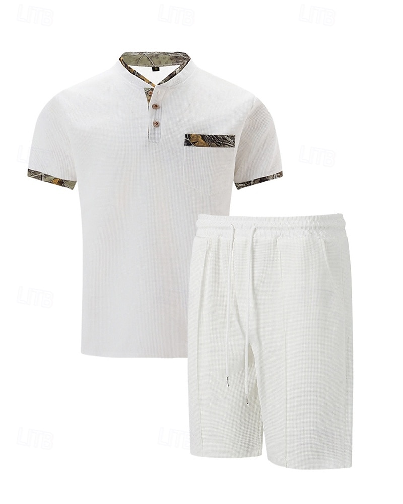 Men's Waffle Shirt T-shirt Suits 2 Pieces Outfits Tee & Shorts Short Sleeve Standing Collar Summer Color Block Fashion Casual 2 Piece Front Pocket Vacation Daily Wear Going out Black White Royal Blue 2025 - $34.99 –P2