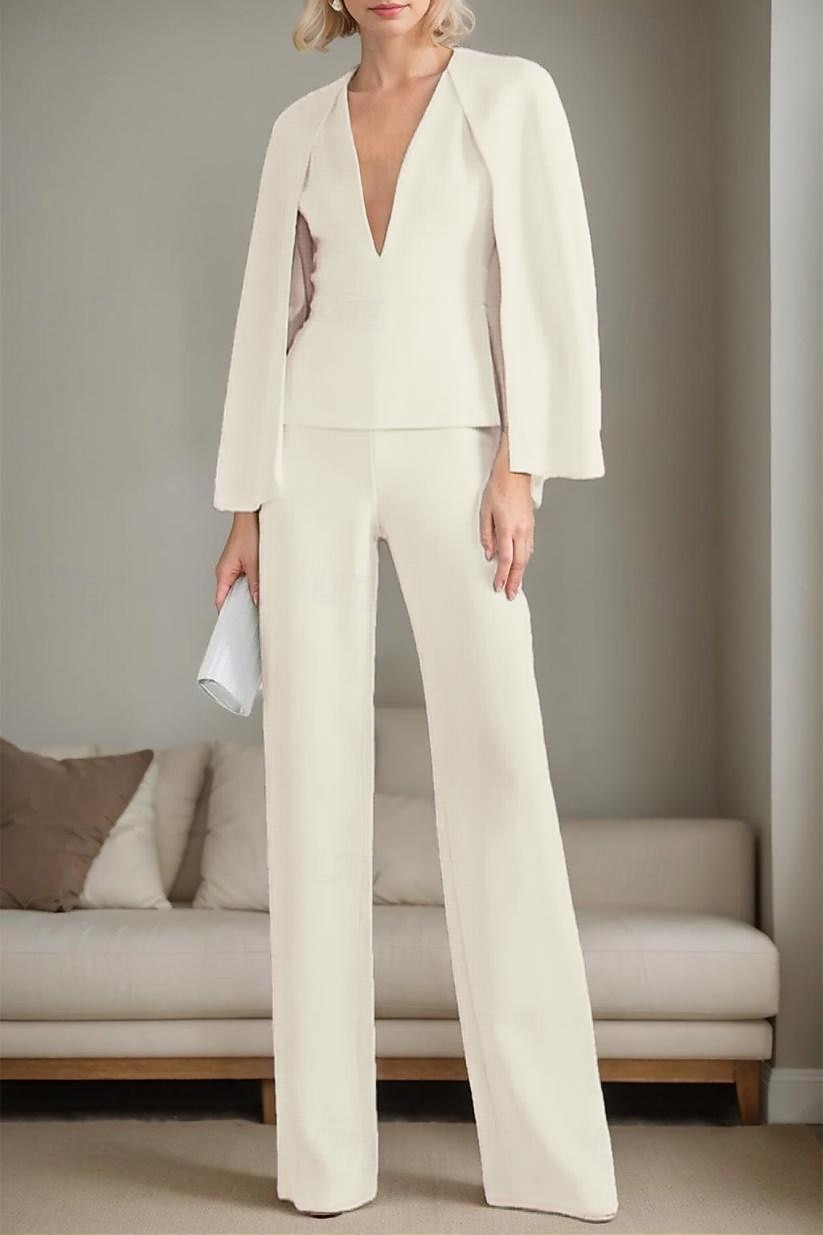 zweiteiliger Overall/Hosenanzug, Kleid für die Brautmutter, elegant, minimalistisch, lässig, tiefer Ausschnitt, bodenlang, Polyester, lange Ärmel, mit Jacke und Schlitz, 2025 2025 - $149.99 –P6