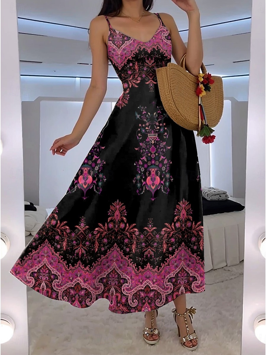 Women's Maxi Dress A Line Dress Slip Dress Vacation Casual Boho Going out Beach Regular Fit Floral Graphic Paisley Sleeveless V Neck Black Red Blue Purple Summer Spring 2025 - $34.99 –P4