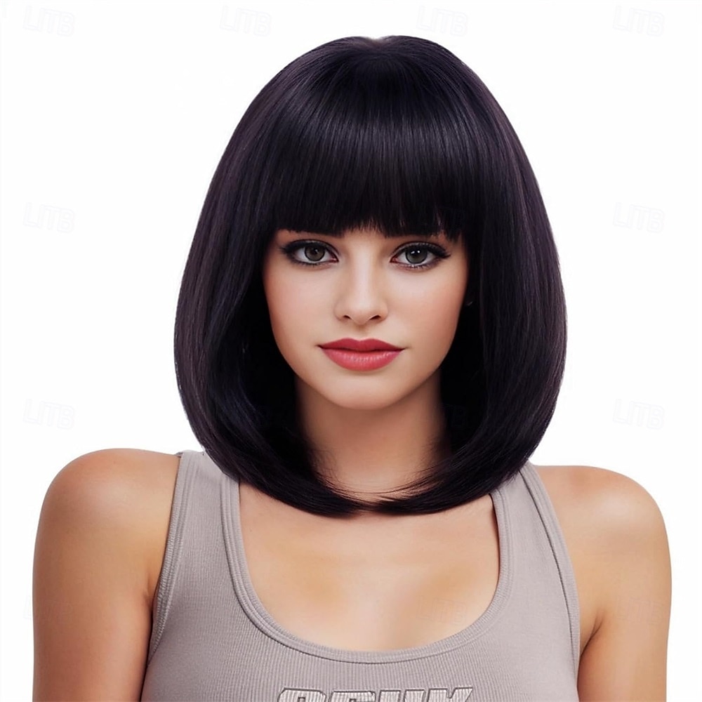 Parrucca rugelyss nera corta e liscia con frangia, 12 pollici, parrucche sintetiche per donne e ragazze con cuffia per parrucca del 2025 a $25.99 –P5