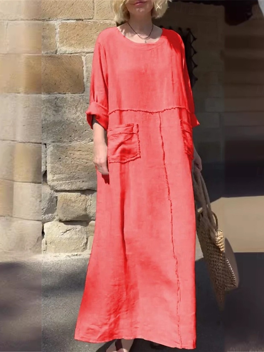 Woman's Maxi-Kleid Sommerkleid Leinen Lässig Täglich Regulär Passform Grafik Einfarbig Lange Ärmel Rundhals Schwarz Rot Blau Beige Sommer 2025 - $37.99 –P5