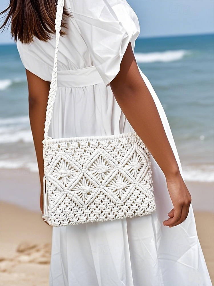 női kézzel szőtt boho crossbody táska – vintage makramé válltáska bojttal tengerparti nyaraláshoz és hétköznapi ruhákhoz szín fekete fehér rózsaszín 2025 - $14.99 –P3