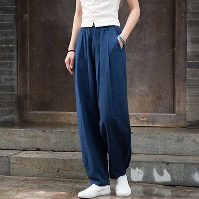 Mujer Pantalones de lino y algodón pantalones Ropa de calle Casual Longitud total Cintura Media Plano Bolsillo Cintura elástica Confortable Cómodo Diario Fin de semana Albaricoque Negro Azul Marino 2025 - $22.99 –P5
