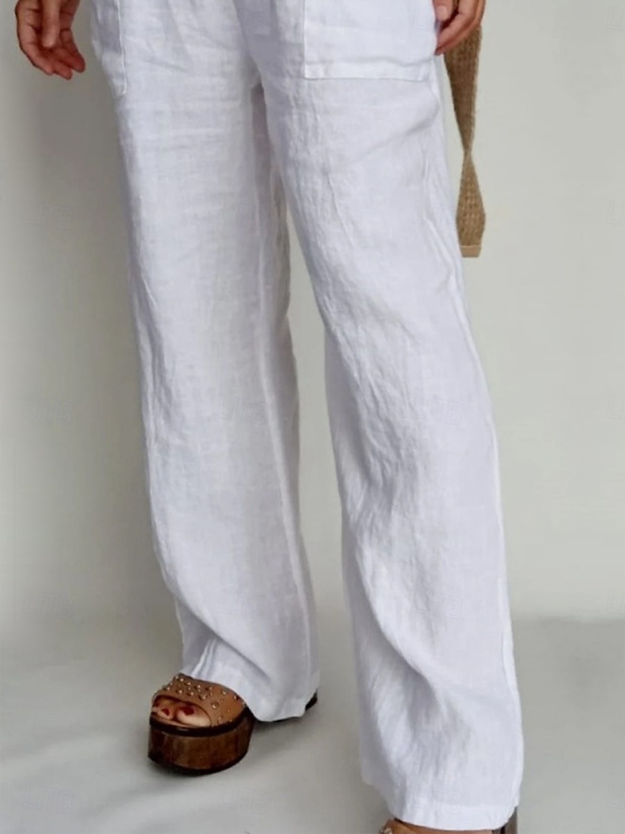 Pantaloni ampi in cotone e lino A tinta unita Chinos Pantaloni baggy Basic Casual Lunghezza intera Vita alta Semplice Pockets Fascia elastica Comfort All'aperto Micro-elastico Vacanze Strada del 2025 a $19.99 –P3