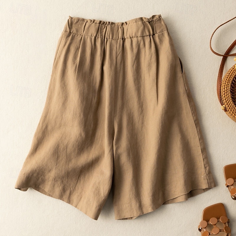 Dame Shorts i bomullslin Shorts Bukser Gatemote Fritid Knelengde Naturlig عادي Lomme Elastisk midje Utendørs Bekvem utendørs Feriereise Aprikos Grønn Kakifarget Sommer Normal 2025 - $26.99 –P2