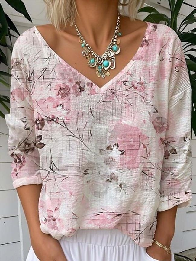 Dame Bluse Blomstret Grafisk Årgang Tropisk Stilfull 3/4 ermer V-hals Vanlige topper Hvit Gul Rosa Blå Grønn Sommer Vår 2025 - $24.99 –P6