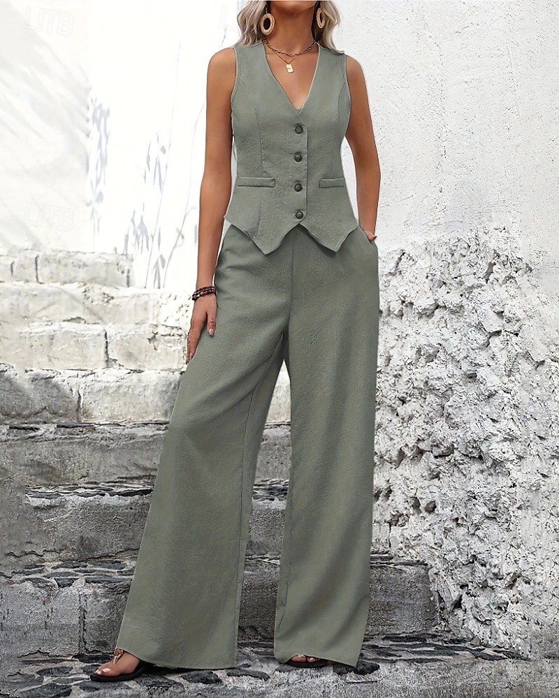 Damen Bluse Weste Hosen-Sets Ärmellos V Ausschnitt Einfarbig Dubbele Rij Knopen Aktiv Outdoor Urlaub Blau Grün Khaki Sommer Normale Passform 2026 - $36.99 –P1