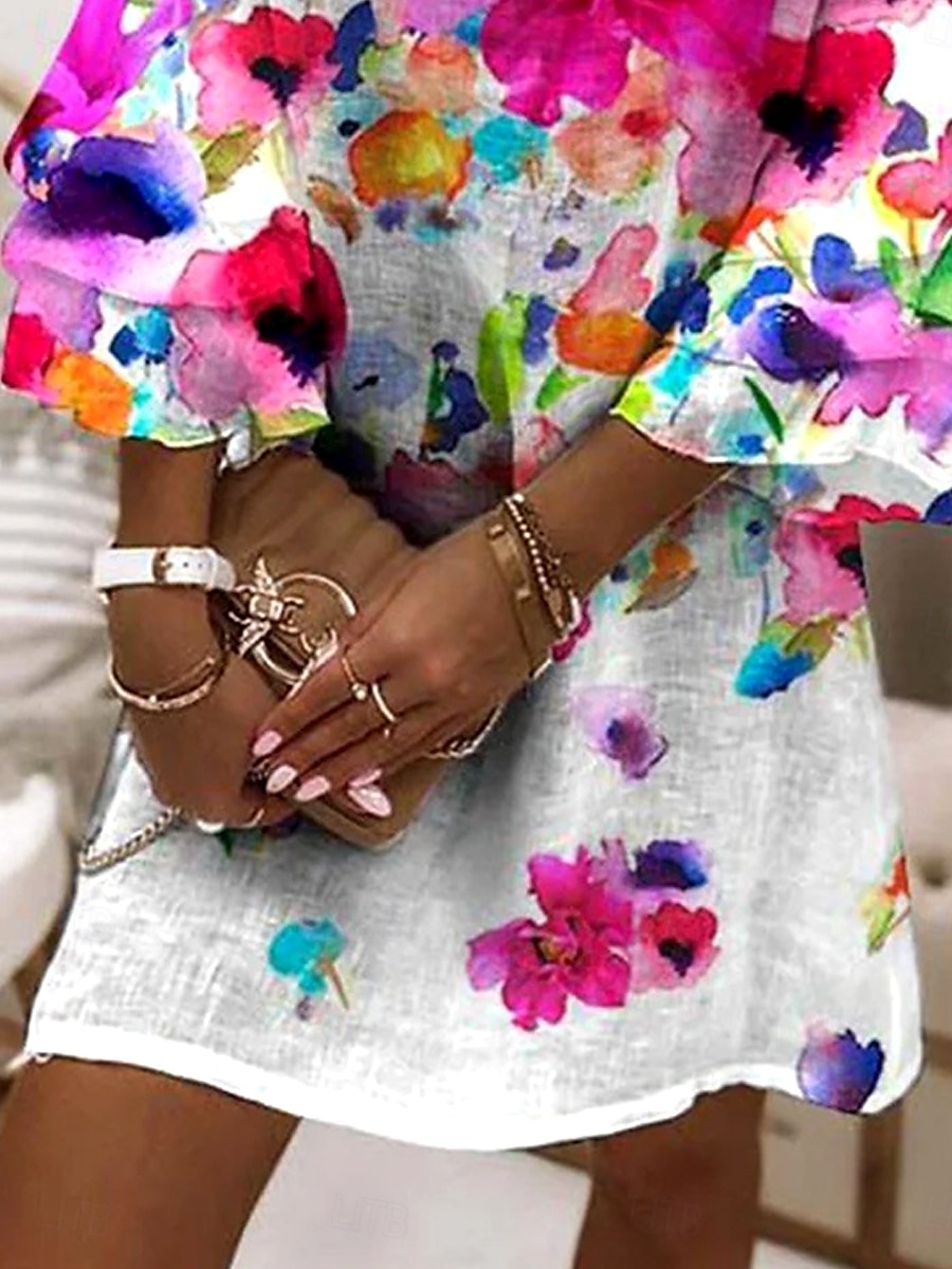 Dam Mini klänning Solklänning A linjeklänning Semester Ledigt Boho Strand Normal Nyans Blommig Grafisk 3/4 ärm V-hals Colourful Sommar Vår 2025 - $46.99 –P3