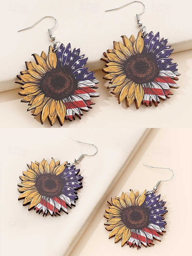 Pendientes colgantes de madera con diseño de girasol y bandera estadounidense para mujer: joyas ligeras de estilo bohemio patriótico para el Día de la Independencia, el 4 de julio, el Día de los Caídos y festivales de verano. 2025 - $7.99 –P4