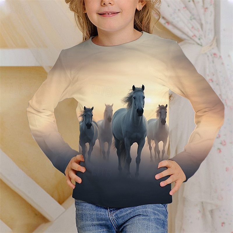Ragazze 3D Animale Cavallo Maglietta Manica Lunga Primavera Autunno Moda Essenziale Bambini 4-12 Anni Girocollo All'aperto Casuale Quotidiano Vestibilità regolare del 2025 a $13.99 –P3