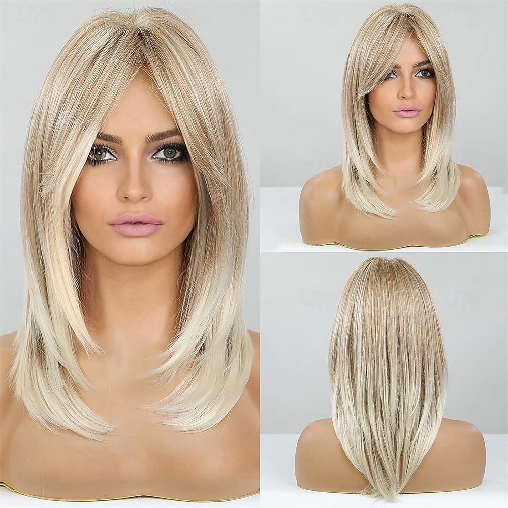 blonde pruiken voor vrouwen schouderlang gelaagd haar met donkere wortels synthetische korte pruik met pony voor dagelijks gebruik of cosplay 2025 - $25.99 –P11