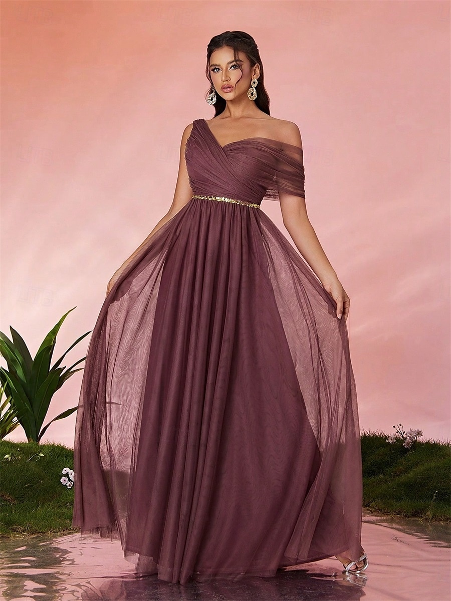 Abiti da festa A-Line Quinceañera Abito da festa Matrimonio Ospite di matrimonio Lunghezza del pavimento Senza maniche Scollo a V Tulle Senza schienale con Faldini del 2025 a $89.99 –P7