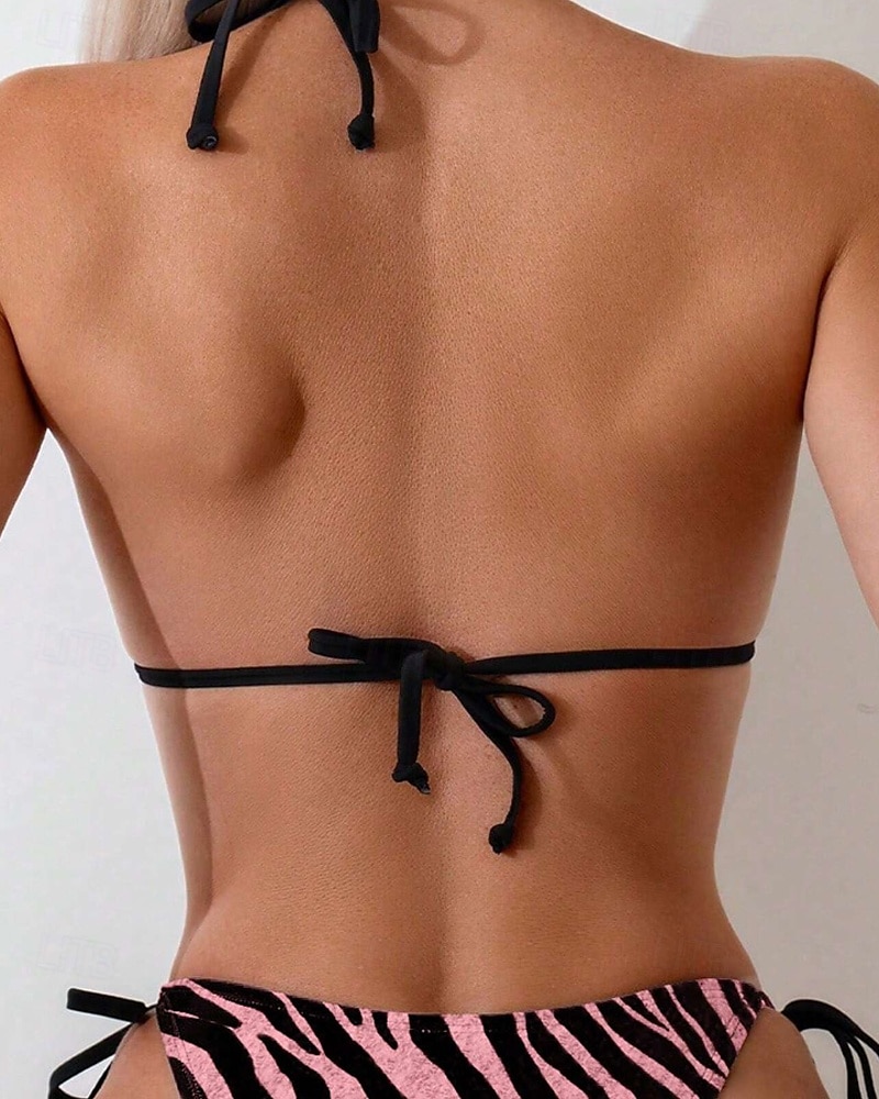 Femmes Maillots de Bain Bikini 2 pièces Maillot de bain Dos nu Tropical Tenues de plage Motif Zèbre Col Halter Sans manches Maillots de bain de 2025 ? $22.99 –P14