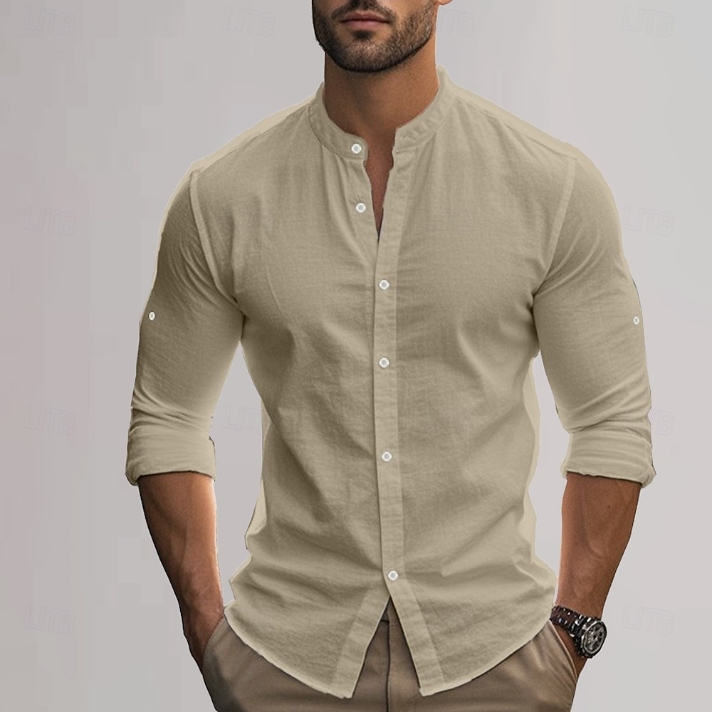 Men's Cotton Linen Shirt Plain Vacation Black White Khaki Dark Gray Long Sleeve Grandad Collar Clothing Apparel 2025 - $25.99 –P11