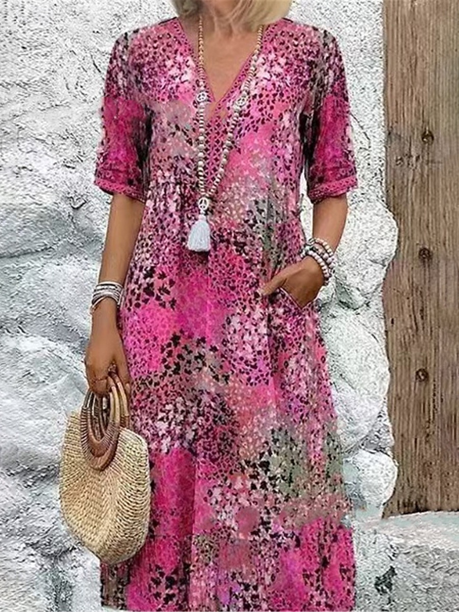 Femmes Robe Midi Robe trapèze Robe d'été Occasionnel Quotidien Coupe régulière Graphique Léopard Demi Manches Col en V Rouge Bleu Violet Fuchsia Été de 2025 ? $26.99 –P4