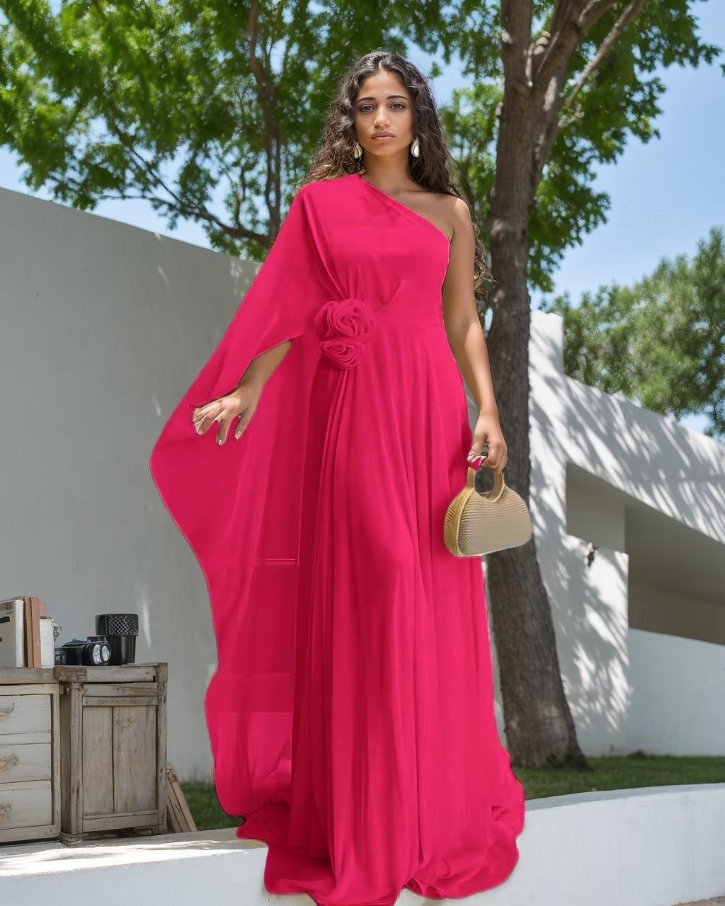 Robes de mariée Sirène  Trompette Une épaule Sans manches Longueur de sol en mousseline de soie Robes de mariée avec fleurs de 2025 ? $182.99 –P5