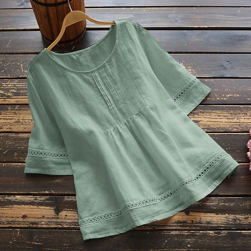 Damenbluse Peplum Einfarbig Stilvoll Lässig 3/4 Länge Ärmel Rundhals Reguläre Tops Täglicher Patchwork Weiß Rot Blau Grün Sommer 2025 - $22.99 –P3