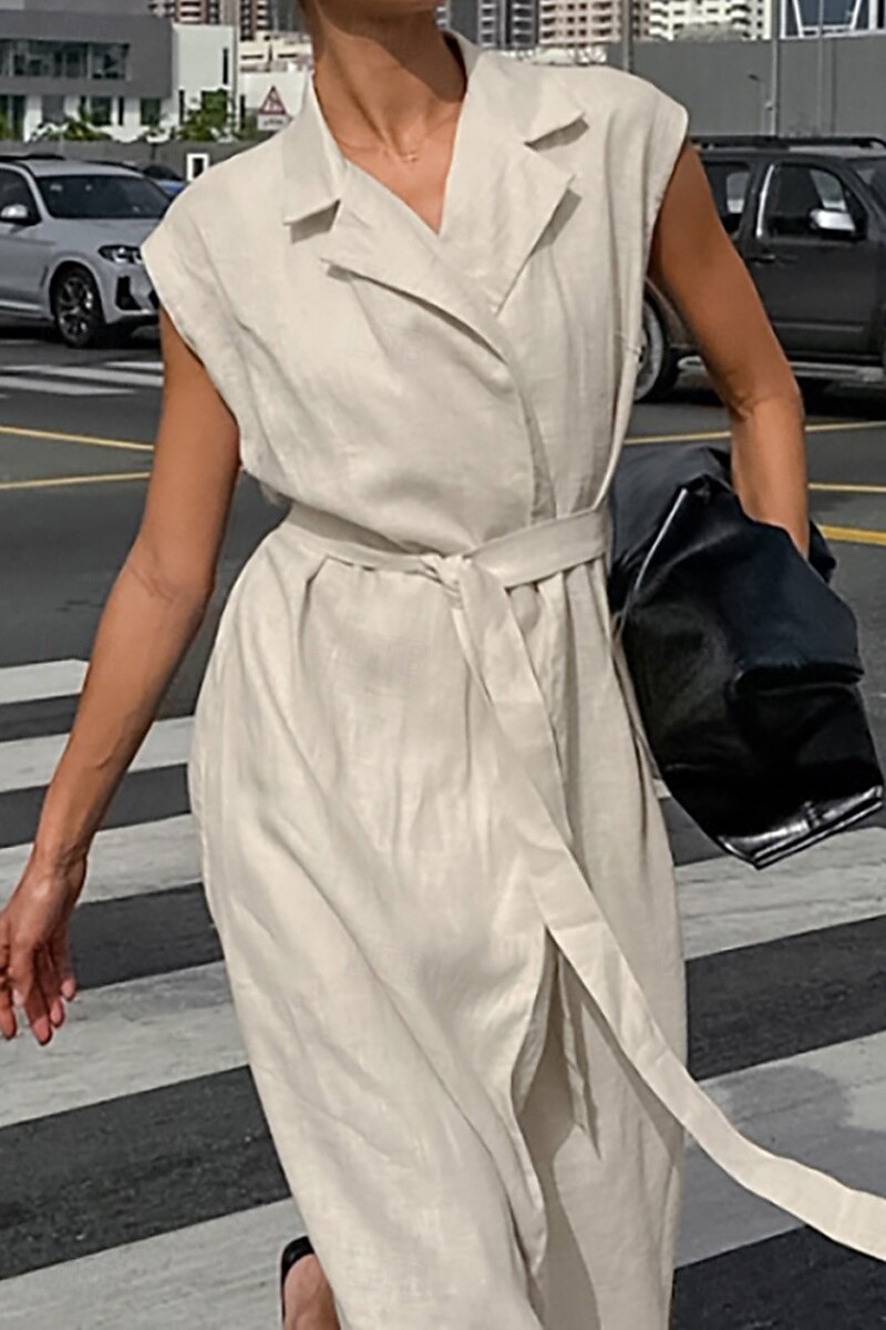 Femmes Robe Midi Robe Chemise Robe en coton et lin Moderne Quotidien Sortir Week-end Coupe régulière Uni Sans manches Col de chemise Kaki Été de 2025 ? $38.99 –P9