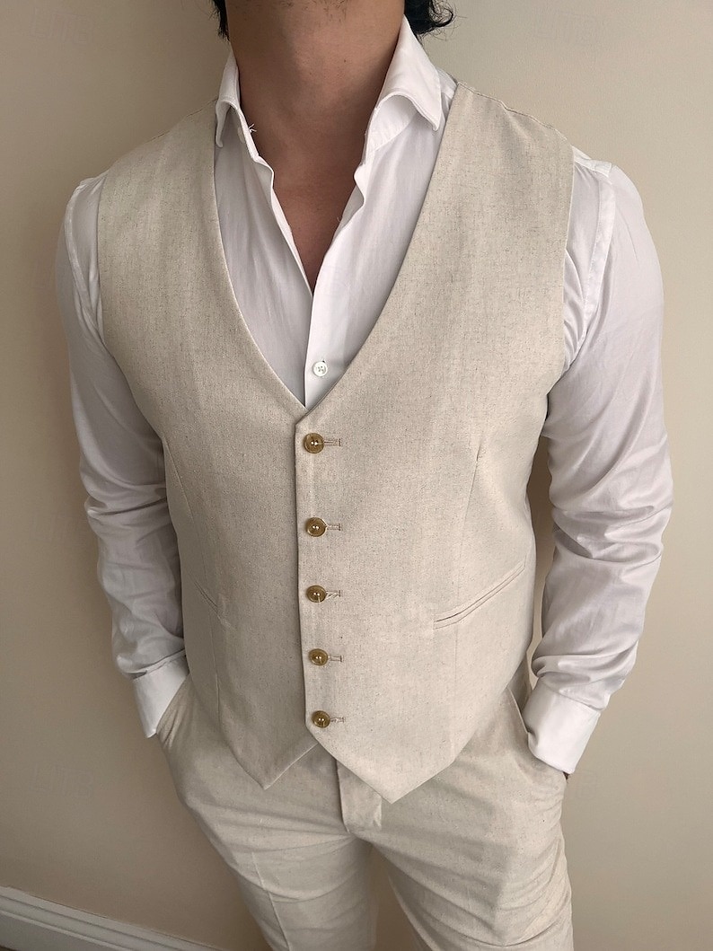 Completi da matrimonio in lino da uomo beige estate a tinta unita sagomati a 2 pezzi del 2025 a $73.99 –P3