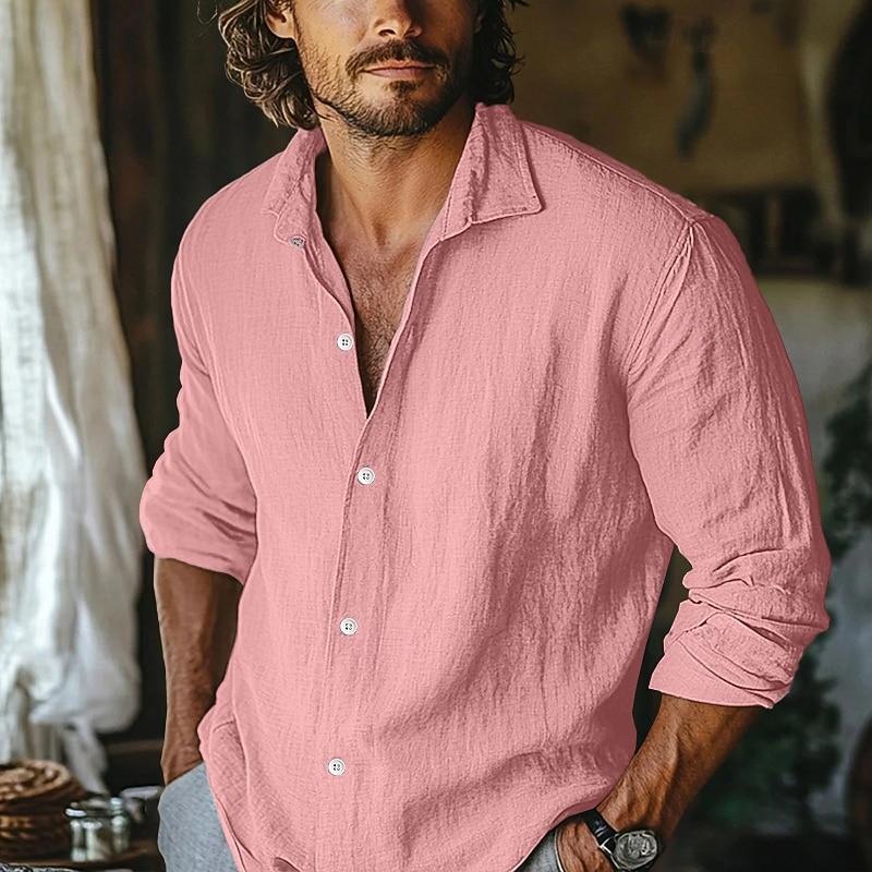 Homens Camisa Social Camisa de linho camisa de verão Roupa de Praia Camisa casual camisa de botão Tecido Casa Férias Azul Céu cáqui Cinzento Manga Longa Lapela Primavera Verão Roupa de 2026 por $26.99 –P12