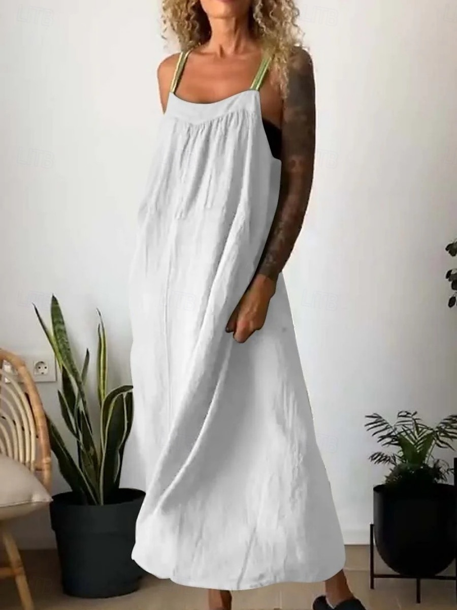 Maxi abito da donna abito estivo abito a sottoveste casual quotidiano vestibilità regolare grafico in lino simile senza maniche spalline nere bianche blu khaki estate del 2025 a $32.99 –P4