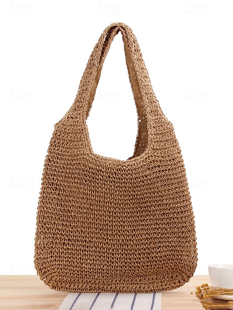 dames handgemaakte geweven stro schoudertas - grote boho strandtas voor zomerreizen, vakantie en casual outfits bruin beige 2025 - $19.99 –P5