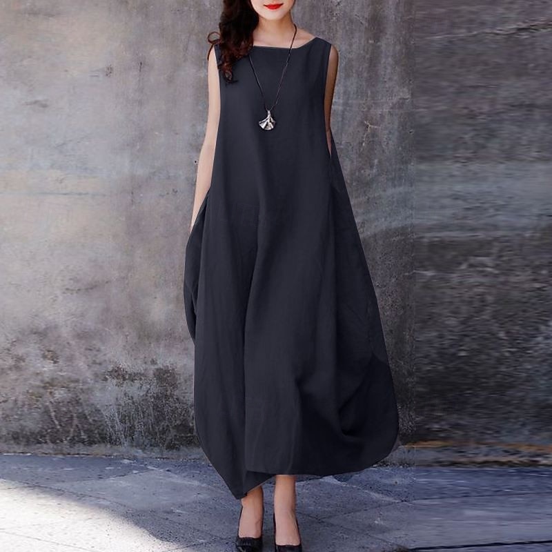 Femmes Robe Longue Maxi Robe Robes en coton et lin Robe Décontractée Mode Extérieur Soirée Fête Coupe régulière Uni Sans manches Col ras du cou Noir Blanche Violet Été de 2025 ? $36.99 –P2