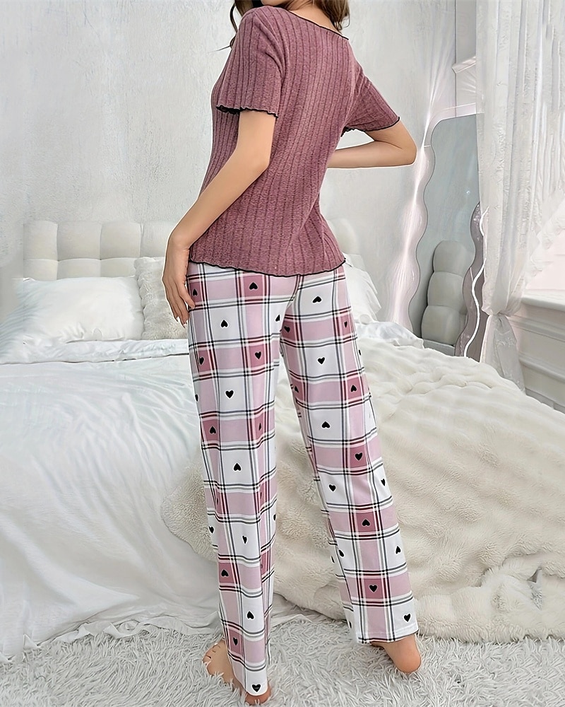 Dame Pyjamas Pyjamas Sett Varm Mote Fritid Gitter / Teppe Knapper T skjorte Bukse Hjem Daglig Seng Kortermet Crew-hals Lilla Sommer Vår Skreddersydd 2025 - $29.99 –P4