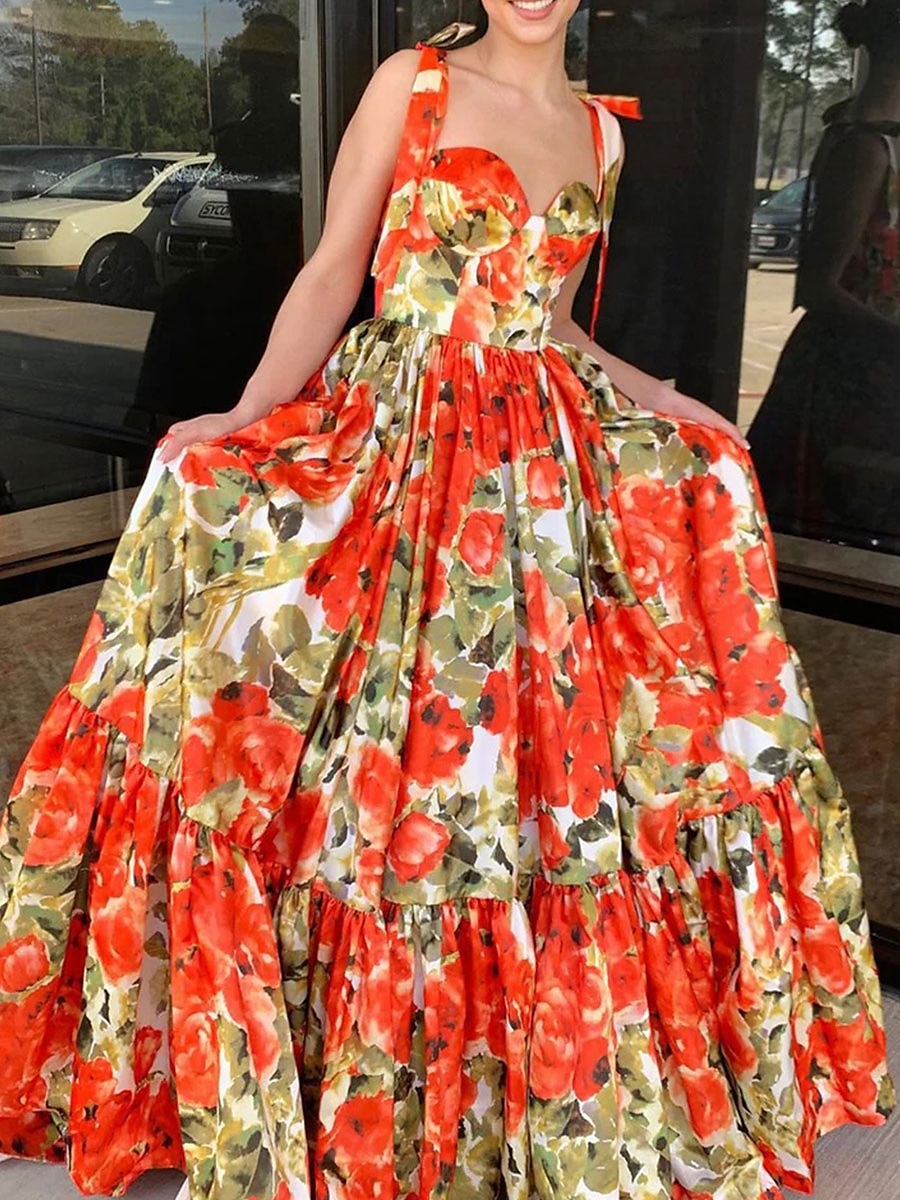 A-line šaty quinceanera elegantní šaty svatební svatební host dlouhé bez rukávů láskyplný výstřih s květinovým potiskem šaty pro svatební hosty 2025 - $99.99 –P5
